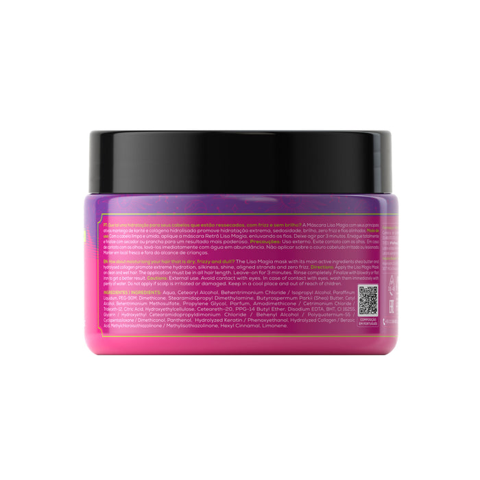Retrô Cosméticos Liso Magia Hair Mask 300 g jar back label with directions and ingredient list – Buy now at MKPBR.COM – Worldwide Shipping
