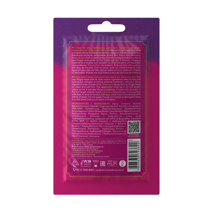Retrô Cosméticos Liso Magia Hair Mask sachet 30 g back of pouch with directions and ingredient list – Buy now at MKPBR.COM – Worldwide Shipping