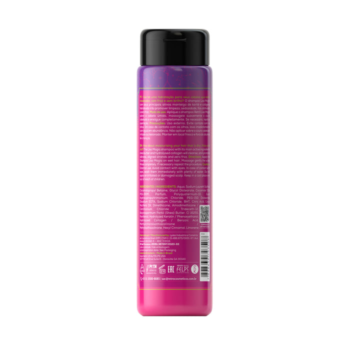 Retrô Cosméticos Liso Magia Shampoo 300 ml back label with directions and ingredient list – Buy now at MKPBR.COM – Worldwide Shipping