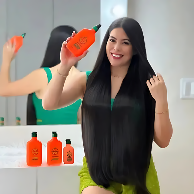 Model with extra long straight hair holding Gold Spell Receitinha Poderosa Tônico 250ml for growth and strength - Buy now at MKPBR.COM - Worldwide Shipping