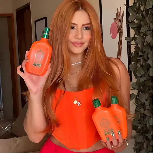 Redhead model showing three bottles of Gold Spell Receitinha Poderosa Tônico 250ml for powerful hair repair - Buy now at MKPBR.COM - Worldwide Shipping