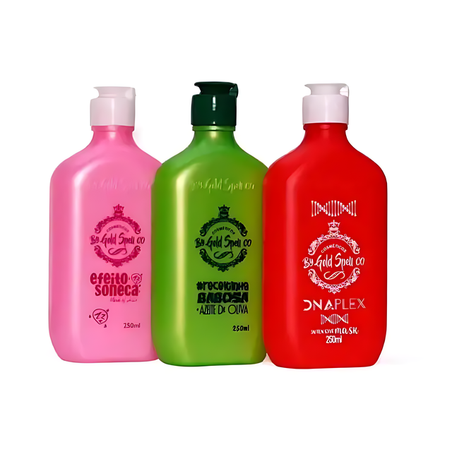 Gold Spell Co. Complete Hair Schedule Kit with 3 bottles – Efeito Soneca, Receitinha Babosa and Dnaplex masks – Hydration, Nutrition & Repair - Buy now at MKPBR.COM - Worldwide Shipping