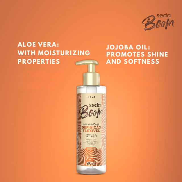 Seda Boom Definição Flexível Anti-Frizz Serum-Gel, Shine & Elastic Curl Definition, 6.42 fl oz (190 ml) – With Jojoba Oil and Aloe Vera for glossy, hydrated curls – Buy now at MKPBR.COM – Worldwide Shipping