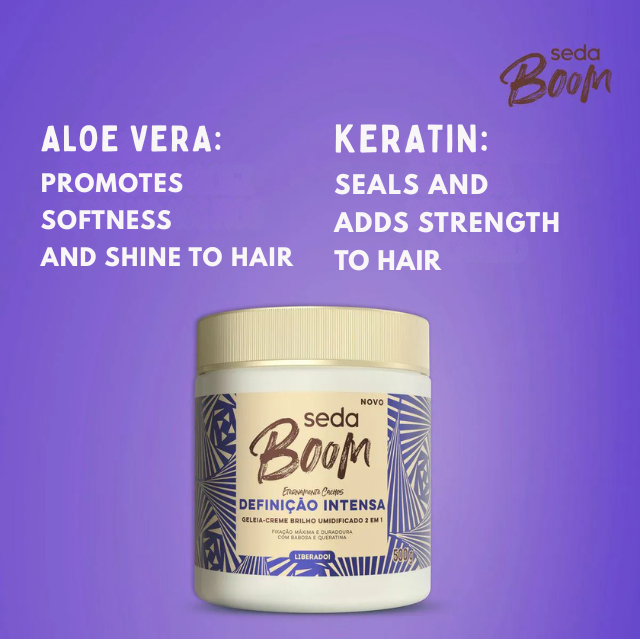 Seda Boom Definição Intensa 2-in-1 Cream-Gelée, Hydration & High-Hold Definition, 16.91 fl oz (500 ml) – With Aloe Vera and Keratin for hydrated, resilient-looking curls – Buy now at MKPBR.COM – Worldwide Shipping