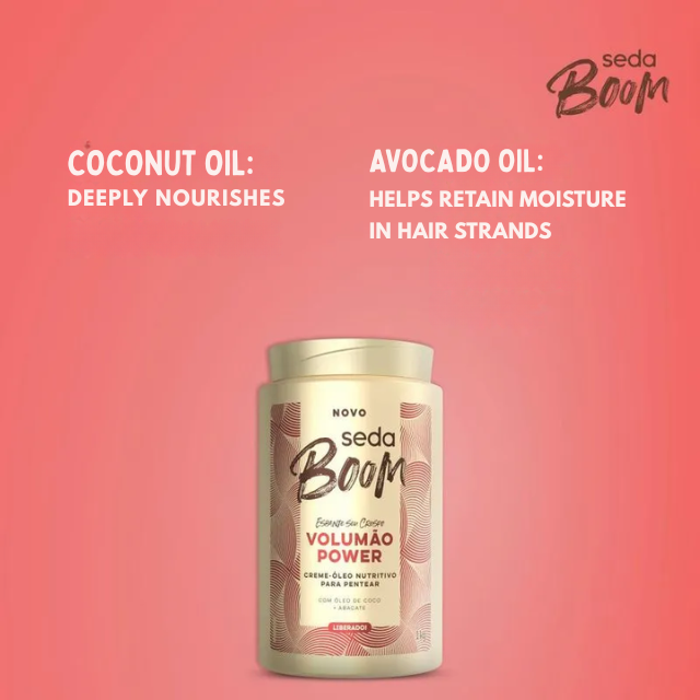Seda Boom Volumão Power Nutritive Cream-Oil Leave-In, Deep Nourishing for Coily Hair Volume & Shine, 35.27 oz (1 kg) / 11.83 fl oz (350 ml) – With Coconut Oil and Avocado Extract to support soft, nourished-looking coils – Buy now at MKPBR.COM – Worldwide Shipping