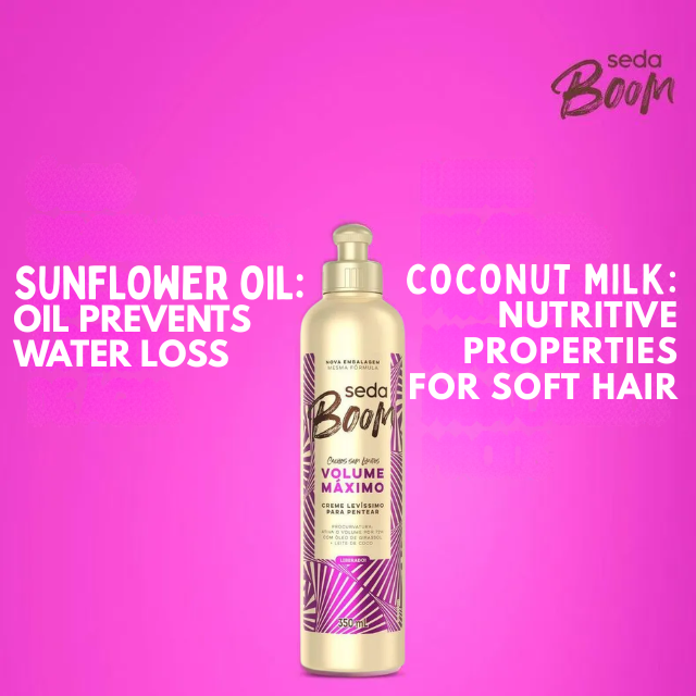 Seda Boom Volume Máximo Ultra-Lightweight Leave-In Cream, Maximum Volume & 72h Activation, 23.67 fl oz (700 ml) / 11.83 fl oz (350 ml) – Enriched with Coconut Milk and Sunflower Oil for light nourishment – Buy now at MKPBR.COM – Worldwide Shipping