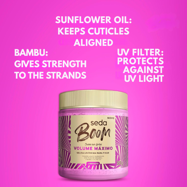 Seda Boom Volume Máximo Ultra-Lightweight Styling Gelée, Long-Lasting Volume & UV Protection, 17.64 oz (500 g) – Enriched with Sunflower Oil and Bamboo Extract for natural shine – Buy now at MKPBR.COM – Worldwide Shipping