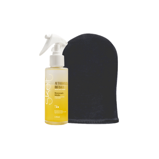 Skelt Biphasic Self-Tanning Water for Expert Users – Medium Bronze + Grand Bahama Fragrance + Included Skelt Tanning Mitt – 5.07 oz (150 ml) hero kit shot – Buy now at MKPBR.COM – Worldwide Shipping