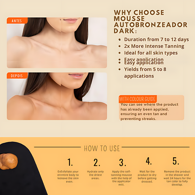 Skelt Dark Self-Tanning Mousse – Beginner-Friendly Color Guide, 2x Intense Bronze + Included Skelt Tanning Mitt – 5.07 oz (150 ml) Brazilian glow routine product shot – Buy now at MKPBR.COM – Worldwide Shipping