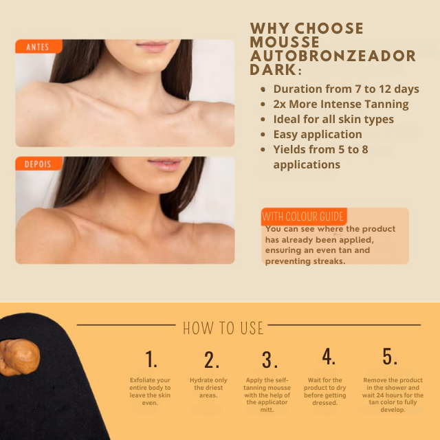 Skelt Dark Self-Tanning Mousse – Beginner-Friendly Color Guide, 2x Intense Bronze + Included Skelt Tanning Mitt – 5.07 oz (150 ml) Brazilian glow routine product shot – Buy now at MKPBR.COM – Worldwide Shipping