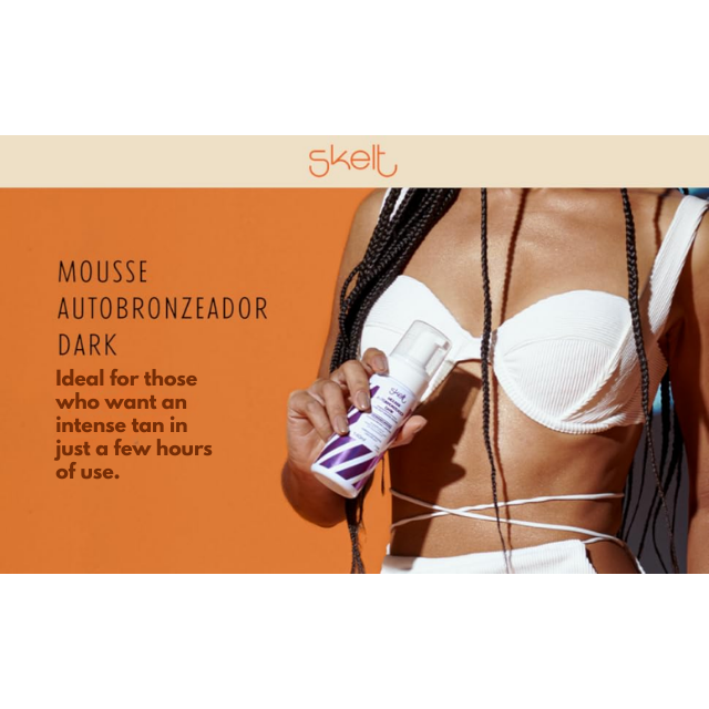 Skelt Dark Self-Tanning Mousse – Beginner-Friendly Color Guide, 2x Intense Bronze + Included Skelt Tanning Mitt – 5.07 oz (150 ml) deep bronze result on legs – Buy now at MKPBR.COM – Worldwide Shipping