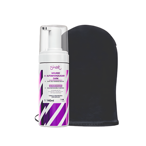 Skelt Dark Self-Tanning Mousse – Beginner-Friendly Color Guide, 2x Intense Bronze + Included Skelt Tanning Mitt – 5.07 oz (150 ml) hero kit shot – Buy now at MKPBR.COM – Worldwide Shipping