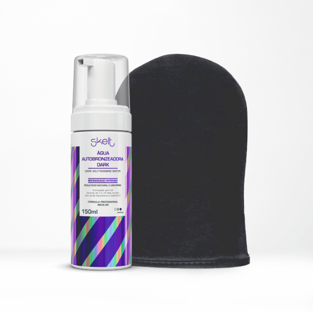 Skelt Dark Self-Tanning Water for Expert Users – 2x Intense Bronze with Hyaluronic Acid & Vitamin C + Included Skelt Tanning Mitt – 5.07 oz (150 ml) hero kit shot – Buy now at MKPBR.COM – Worldwide Shipping