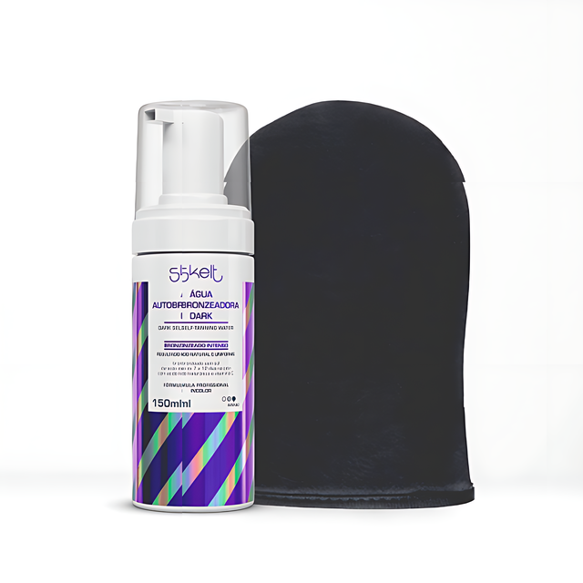 Skelt Dark Self-Tanning Water for Expert Users – 2x Intense Bronze with Hyaluronic Acid & Vitamin C + Included Skelt Tanning Mitt – 5.07 oz (150 ml) hero kit shot – Buy now at MKPBR.COM – Worldwide Shipping