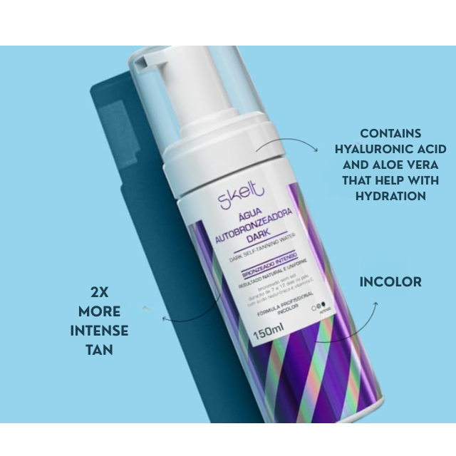 Skelt Dark Self-Tanning Water for Expert Users – 2x Intense Bronze with Hyaluronic Acid & Vitamin C + Included Skelt Tanning Mitt – 5.07 oz (150 ml) Vitamin C and Hyaluronic Acid highlight – Buy now at MKPBR.COM – Worldwide Shipping