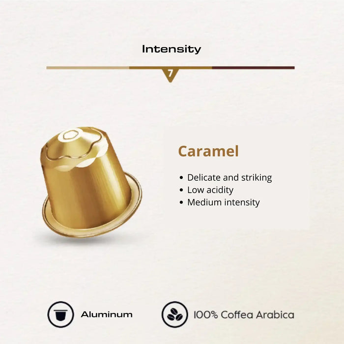 A close-up of Baggio Café Caramel Nespresso capsules, highlighting premium aluminum design and quality. – Buy now at MKPBR.COM – Worldwide Shipping
