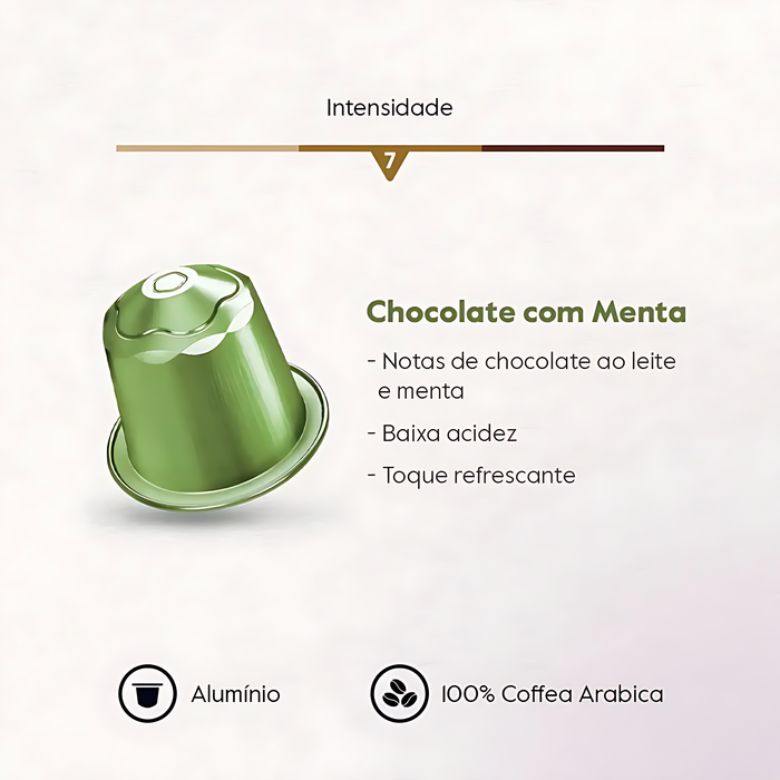 A close-up of Baggio Café Chocolate Mint Nespresso capsules, highlighting premium aluminum design and quality. – Buy now at MKPBR.COM – Worldwide Shipping