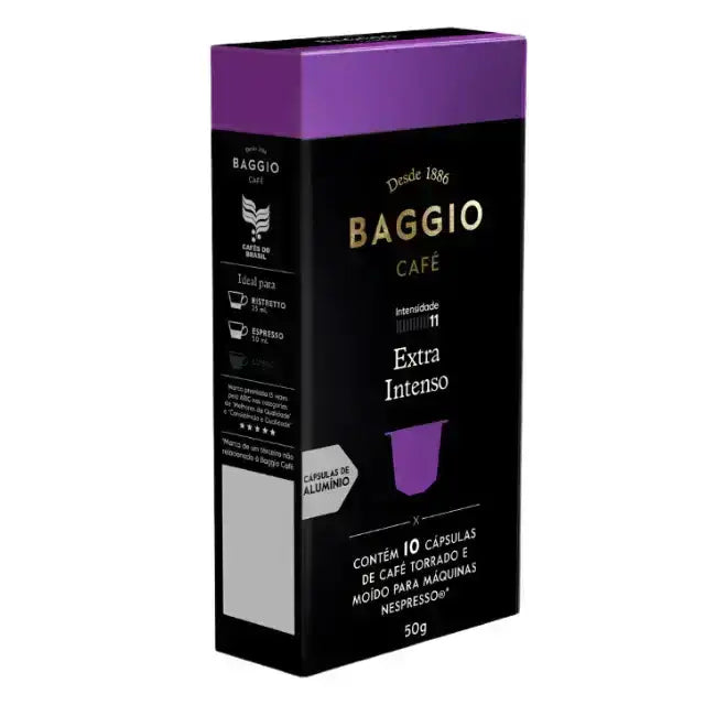 Elegant packaging of Baggio Café Extra Intenso Nespresso capsules, symbolizing gourmet Brazilian coffee heritage. – Buy now at MKPBR.COM – Worldwide Shipping
