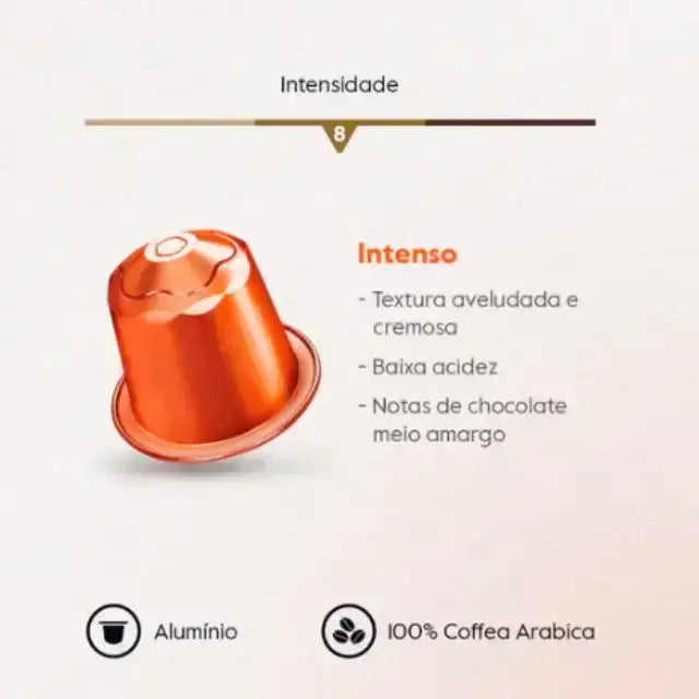A close-up of Baggio Café Intenso Nespresso capsules, highlighting premium aluminum design and intensity 8. – Buy now at MKPBR.COM – Worldwide Shipping
