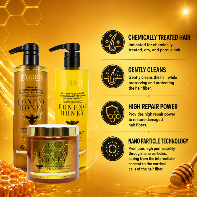 Tyrrel Professional Honung Honey Hydrolipidic Reconstruction Kit 3-Step Collagen and Lipid System angled product shot –– Buy now at MKPBR.COM – Worldwide Shipping
