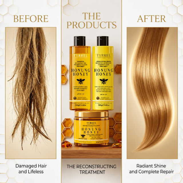 Tyrrel Professional Honung Honey Hydrolipidic Reconstruction Kit 3-Step Collagen and Lipid System shampoo and mask 500 ml duo – Buy now at MKPBR.COM – Worldwide Shipping