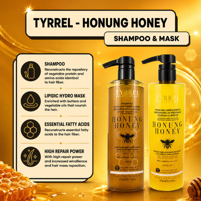  Tyrrel Professional Honung Honey Hydrolipidic Reconstruction Kit 16.9 oz 500 ml Duo angled packaging shot    – Buy now at MKPBR.COM – Worldwide Shipping