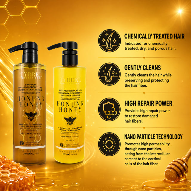 Tyrrel Professional Honung Honey Hydrolipidic Reconstruction Kit 16.9 oz 500 ml Duo shampoo and mask set – Buy now at MKPBR.COM – Worldwide Shipping