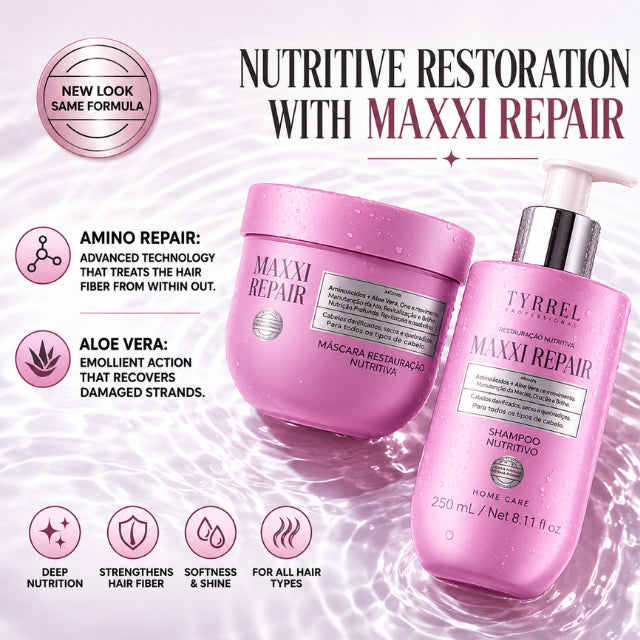 Tyrrel Maxxi Repair Kit highlighting natural cassava and aloe vera extracts for hair vitality – Buy now at MKPBR.COM – Worldwide Shipping