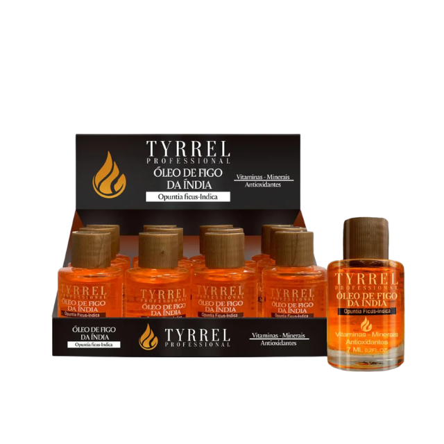 Tyrrel Óleo de Figo da Índia Display Box with 12 mini 7 ml units front view – mkpbr.com-worldwide-shipping
