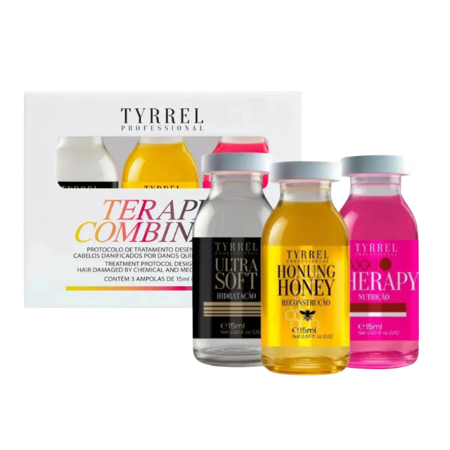 Tyrrel Professional Terapia Combinada Kit featuring three 15 ml ampoules for hydration, nutrition, and reconstruction – Buy now at MKPBR.COM – Worldwide Shipping