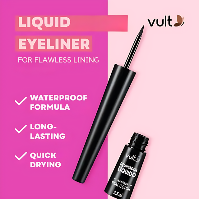 Graphic or close-up highlighting "Real Color Technology" feature of Vult Liquid Eyeliner Black for vivid, true-to-color results.– Buy now at MKPBR.COM – Worldwide Shipping