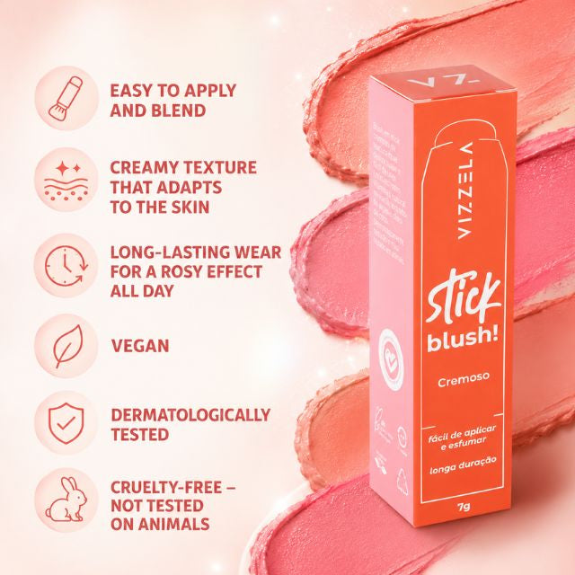 Vizzela Cream Blush Stick Authentic Brazilian Cosmetics – Buy now at MKPBR.COM – Worldwide Shipping