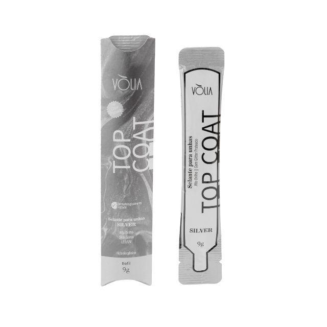 Vòlia Top Coat Silver glitter sealer in sachet formats for elegant shimmer – Buy now at MKPBR.COM – Worldwide Shipping