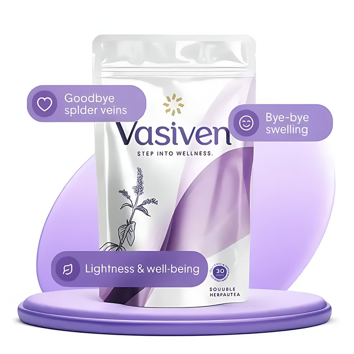 Front view of Vasiven Circulation Support Tea pouch for spider vein and swelling relief on purple display – MKPBR.COM