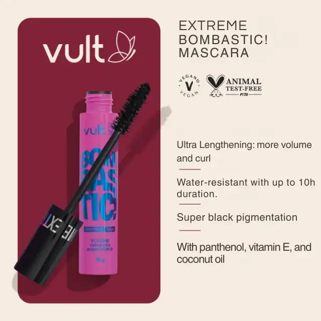 Vult Extreme Bombastic! Waterproof Mascara highlighting features like ultra lengthening, 10h water-resistance, vegan, with panthenol and vitamin E – Buy now at MKPBR.COM – Worldwide Shipping