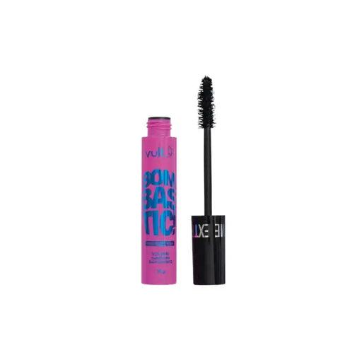Vult Extreme Bombastic! Waterproof Mascara isolated product shot, with its vibrant pink tube and open black mascara wand on a pristine white background – Buy now at MKPBR.COM – Worldwide Shipping