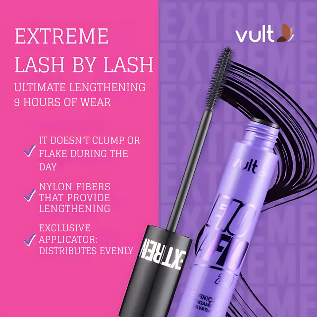 Vult Extreme Fio a Fio 2.0 Mascara showcasing ultimate lengthening, no clumping, and advanced nylon fiber technology – Buy now at MKPBR.COM – Worldwide Shipping