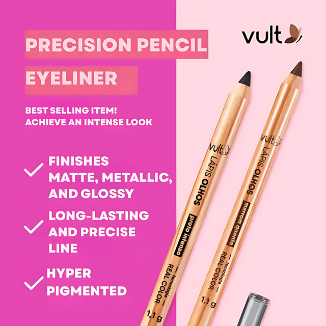 Vult Precision Eye Pencil marketing graphic showcasing intense black and warm brown variants for precise eye definition – Buy now at MKPBR.COM – Worldwide Shipping