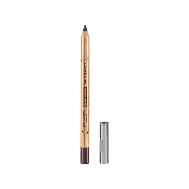 Vult Eye Pencil in Warm Brown, 0.04 oz (1.1g), standing upright with cap off, showing the precise tip and wooden barrel – Buy now at MKPBR.COM – Worldwide Shipping