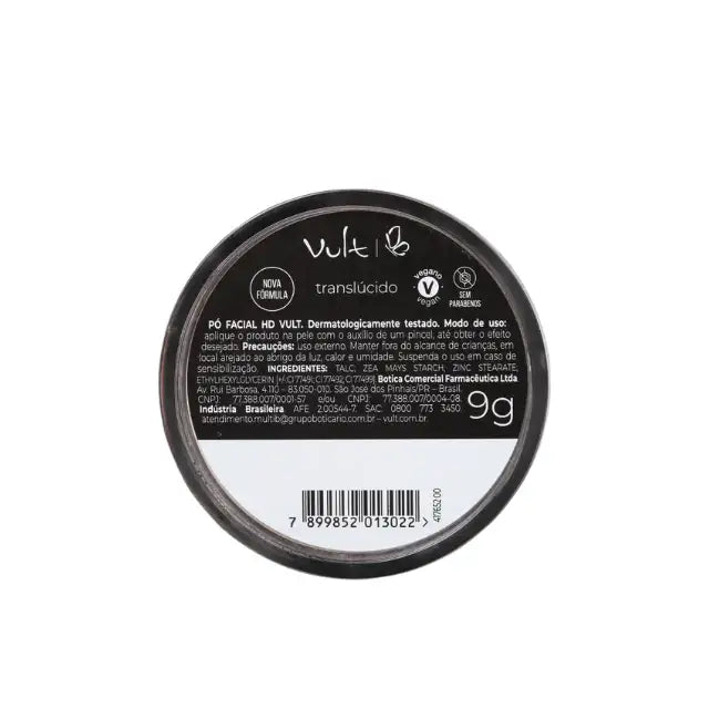 Detail shot of Vult HD Translucent Facial Powder packaging, emphasizing "Vegan," "Paraben-Free," and "Dermatologically Tested" claims.– Buy now at MKPBR.COM – Worldwide Shipping