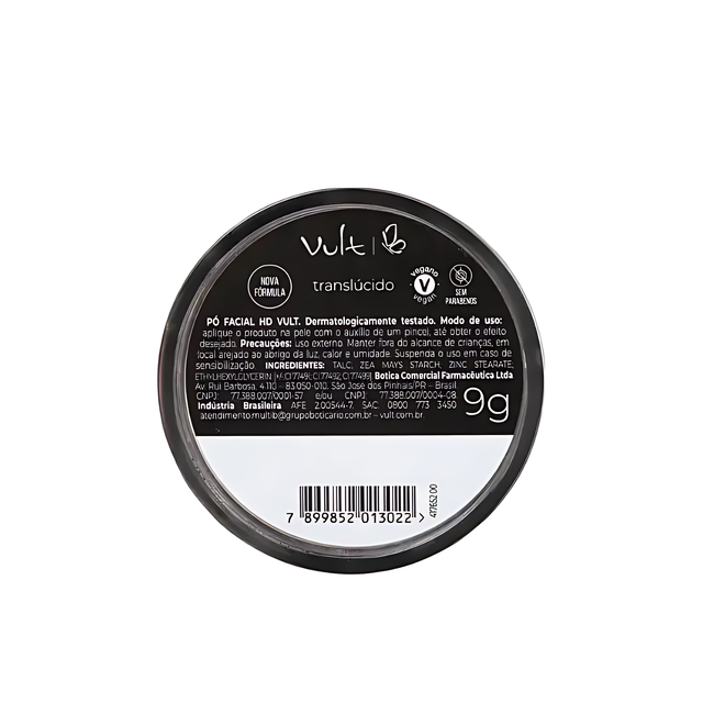 Detail shot of Vult HD Translucent Facial Powder packaging, emphasizing "Vegan," "Paraben-Free," and "Dermatologically Tested" claims.– Buy now at MKPBR.COM – Worldwide Shipping