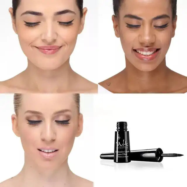 Three Models wearing Vult Liquid Eyeliner Black, showcasing a perfectly drawn, dramatic winged liner look– Buy now at MKPBR.COM – Worldwide Shipping