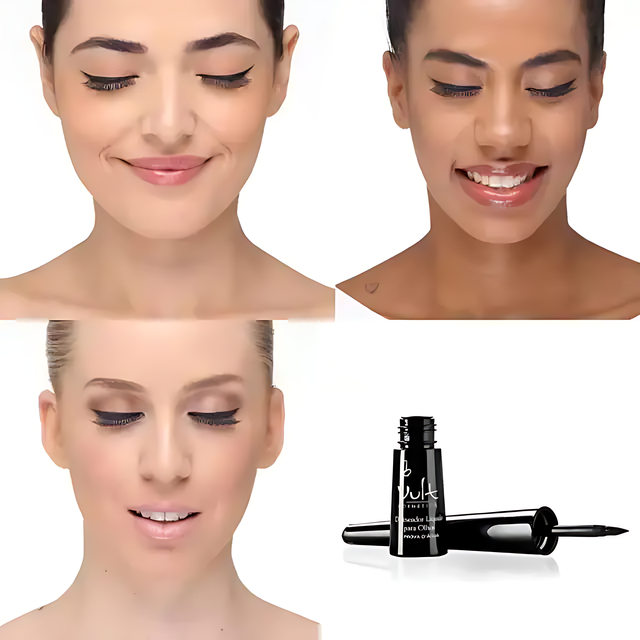 Three Models wearing Vult Liquid Eyeliner Black, showcasing a perfectly drawn, dramatic winged liner look– Buy now at MKPBR.COM – Worldwide Shipping