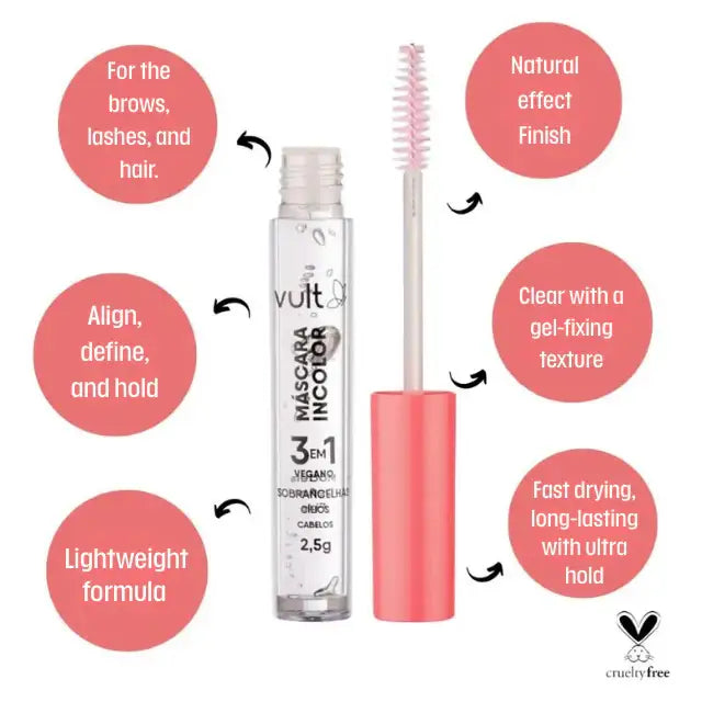 Graphic or close-up highlighting of Vult 3-in-1 Clear Mascara tube lying on a clean background, representing its versatile use as a clear lash and brow product– Buy now at MKPBR.COM – Worldwide Shipping