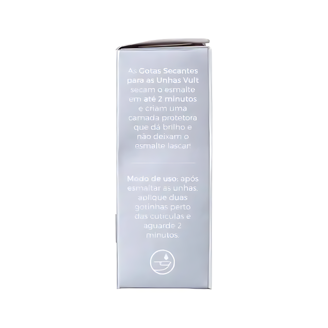 Side panel of Vult Nail Drying Drops box, detailing benefits like 2-minute drying, enhanced shine, and moisturizing protection – Buy now at MKPBR.COM – Worldwide Shipping