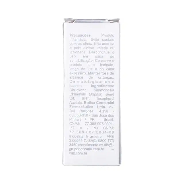 Side panel of Vult Nail Drying Drops product box, showing precautions and the ingredient list including Disiloxane and Jojoba Oil - Buy now at MKPBR.COM – Worldwide Shipping