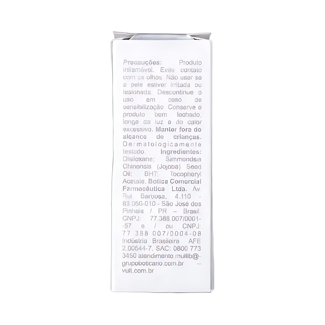 Side panel of Vult Nail Drying Drops product box, showing precautions and the ingredient list including jojoba oil – Buy now at MKPBR.COM – Worldwide Shipping
