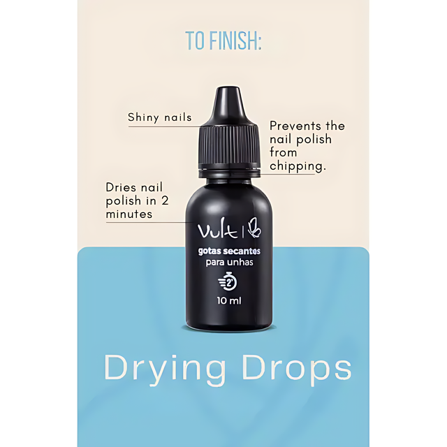 Infographic displaying a Vult Nail Drying Drops bottle, illustrating key benefits: shiny nails, chip protection, and 2-minute drying time – Buy now at MKPBR.COM – Worldwide Shipping