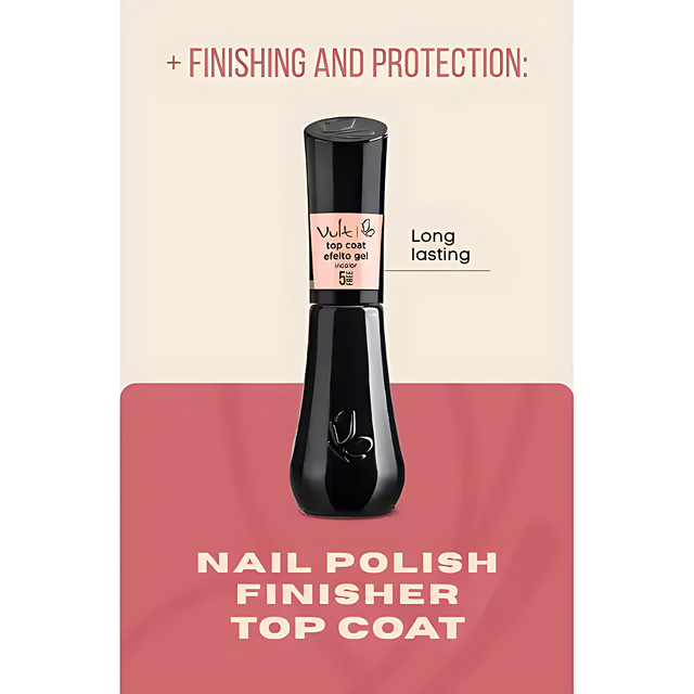Vult Nail Polish Top Coat 5Free with gel effect, showcasing "Finish and Protection" and "Long Duration" benefits – Buy Now at MKPBR.com - Worldwide Shipping