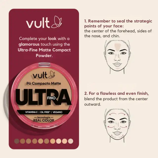 Vult Ultrafine Matte Compact Powder in a sleek pink compact, demonstrating application instructions for sealing strategic face points and blending for a flawless, even finish. Features Vitamin E, oil-free, vegan, and Real Color Technology, with small color swatches at the bottom – Buy now at MKPBR.COM – Worldwide Shipping
